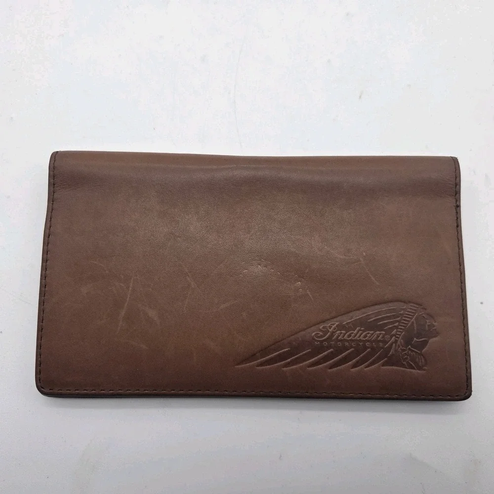Vintage Indian Motorcycle Brown Leather Long Billfold Wallet Embossed Logo